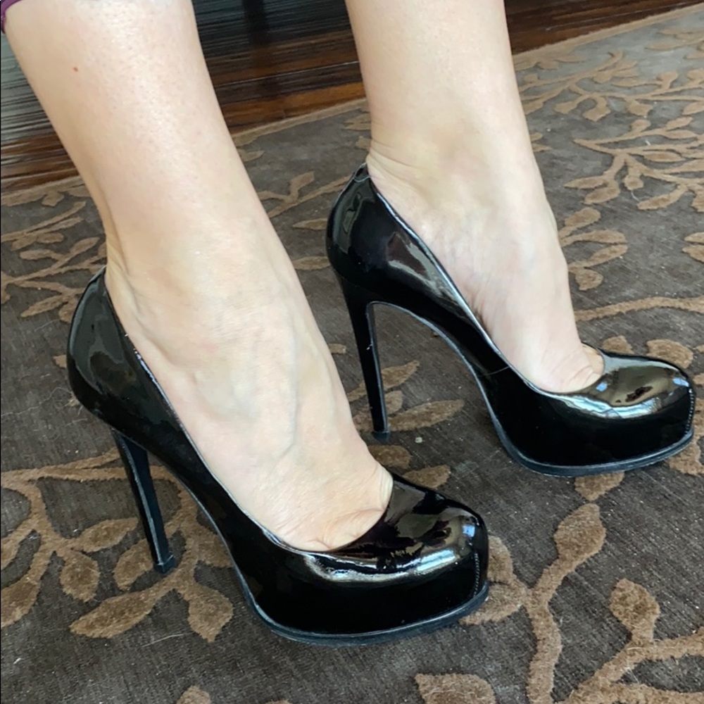 Black patent leather platform heels